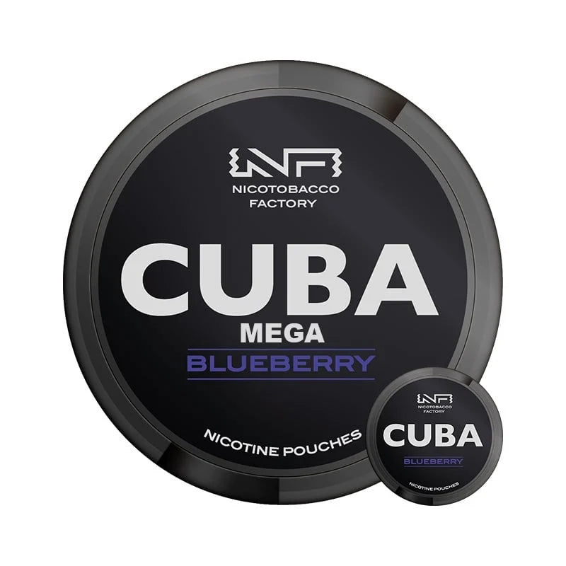 CUBA Black Mega Blueberry nicotine pouches in a 300-pouch container with NF Nicotobacco Factory branding.