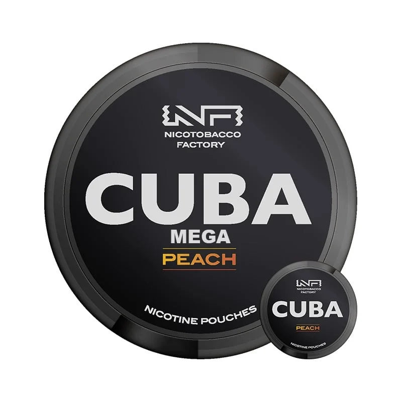 CUBA Black MEGA Peach strong nicotine pouches in a large bulk tub with inset lid detail on a white background.