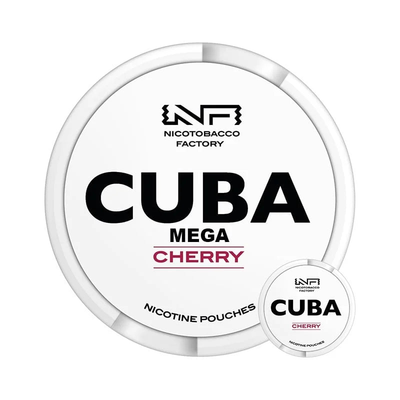 CUBA White MEGA Cherry Nicotine Pouches 300-pouch tub, large bulk format with NF Nicotobacco Factory branding.