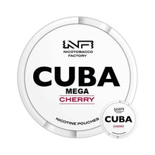 CUBA White MEGA Cherry Nicotine Pouches 300-pouch tub, large bulk format with NF Nicotobacco Factory branding.