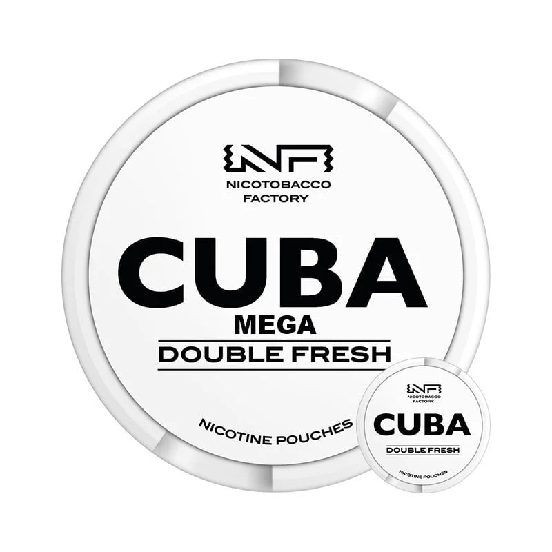 CUBA White MEGA Double Fresh nicotine pouches in a large white bulk tub and standard tin with mint cooling flavour.