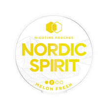 Nordic Spirit Melon Fresh tobacco-free nicotine pouches can lid with yellow text and mountain design on white background.