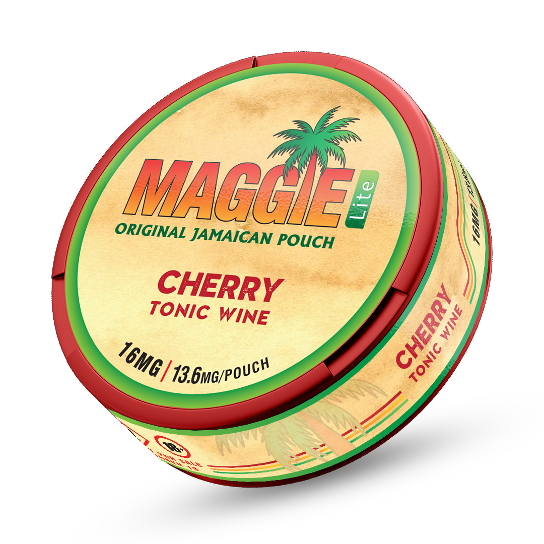 MAGGIE Lite Cherry Tonic Wine Nicotine Pouches, 13.6mg Original Jamaican Pouch, circular red and cream can render.