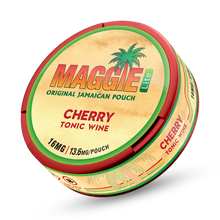 MAGGIE Lite Cherry Tonic Wine Nicotine Pouches, 13.6mg Original Jamaican Pouch, circular red and cream can render.