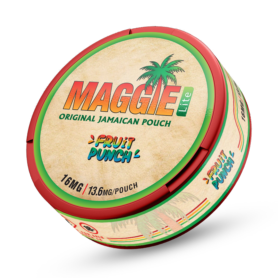 MAGGIE LITE Fruit Punch 13.6mg nicotine pouches, Original Jamaican Pouch can with tropical palm tree design.