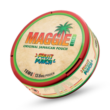 MAGGIE LITE Fruit Punch 13.6mg nicotine pouches, Original Jamaican Pouch can with tropical palm tree design.