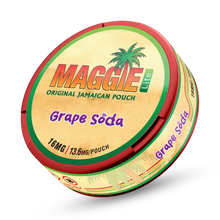 Maggie Lite Grape Soda Nicotine Pouches (13.6mg) in a 3D red and gold tin with Jamaican-inspired palm tree branding.