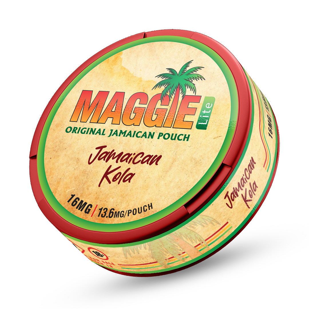 Maggie Lite Jamaican Kola nicotine pouches in a 13.6mg slim format can with a tropical palm tree design.