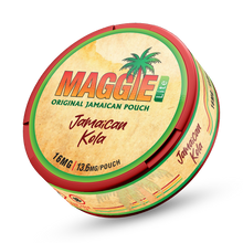 Maggie Lite Jamaican Kola nicotine pouches in a 13.6mg slim format can with a tropical palm tree design.