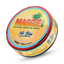 Maggie Lite Mr Blue Nicotine Pouches can showing 13.6mg strength, palm tree logo, and blue berry-blend branding.