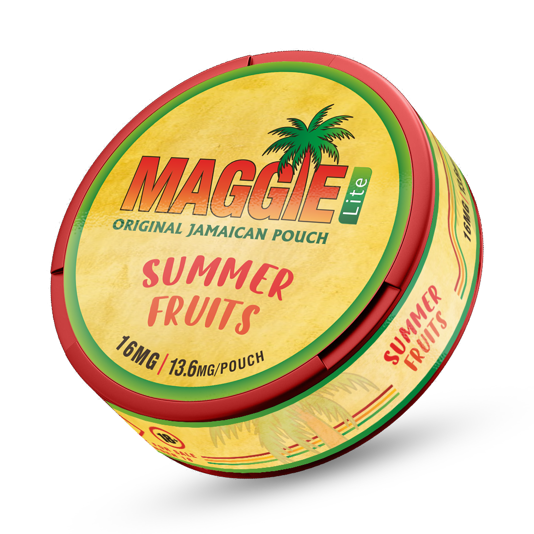 MAGGIE LITE Summer Fruits Nicotine Pouches, 13.6mg slim tobacco-free pouches in a yellow can with tropical palm tree art.