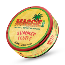 MAGGIE LITE Summer Fruits Nicotine Pouches, 13.6mg slim tobacco-free pouches in a yellow can with tropical palm tree art.