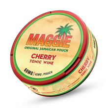 Maggie Cherry Tonic Wine Nicotine Pouches can showing 45mg strength and Jamaican palm tree design.