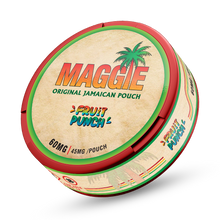 MAGGIE Fruit Punch Nicotine Pouches (45mg) with palm tree logo and tropical mixed-fruit design.