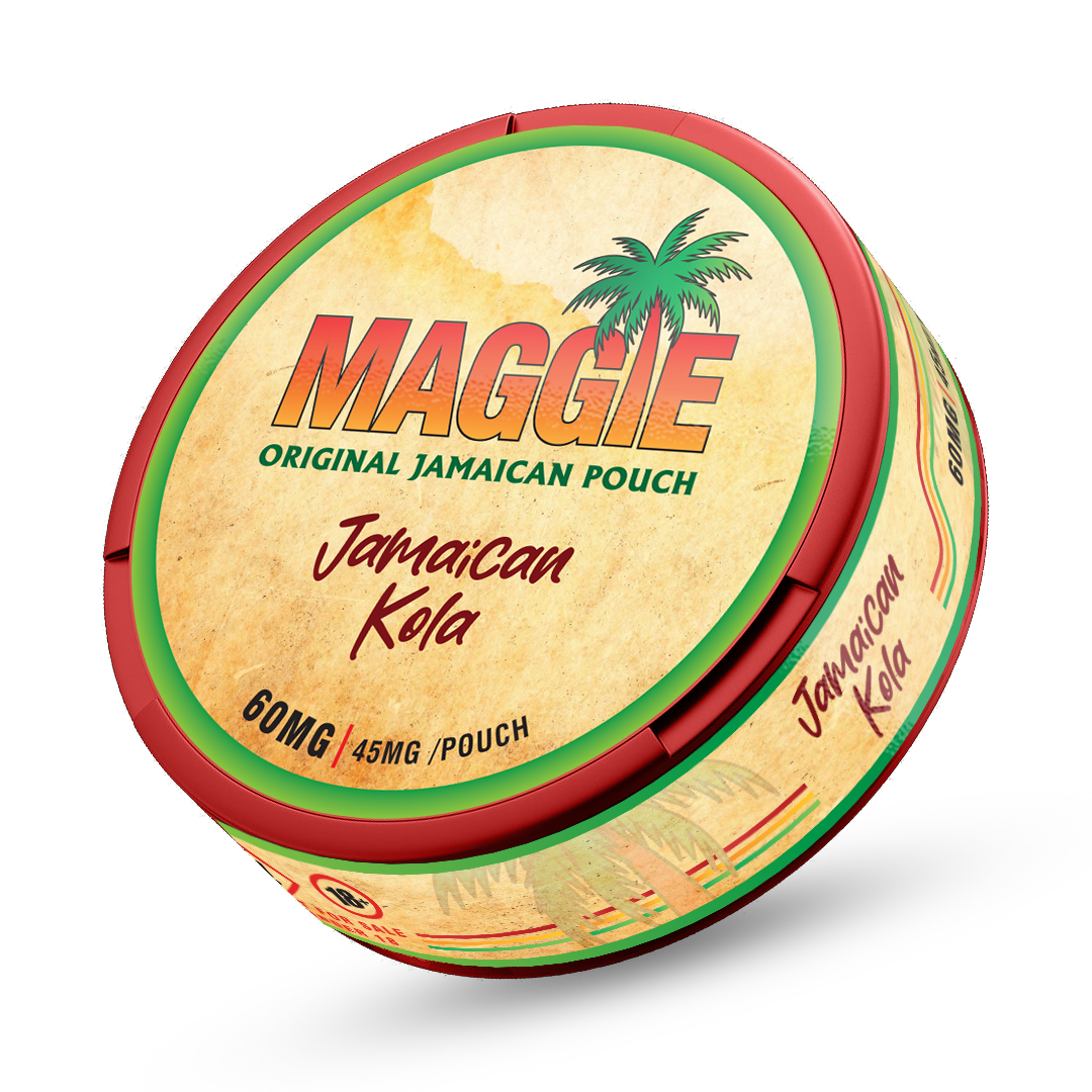 MAGGIE Jamaican Kola tobacco-free nicotine pouches, 45mg strength, circular red and cream tin with palm tree logo.