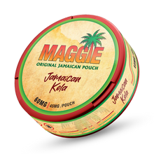 MAGGIE Jamaican Kola tobacco-free nicotine pouches, 45mg strength, circular red and cream tin with palm tree logo.