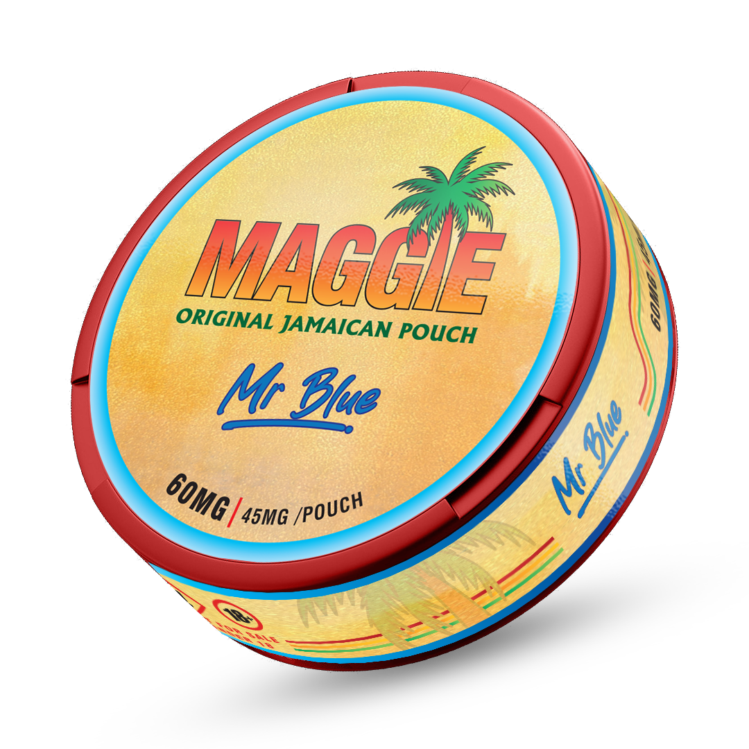 Maggie Mr Blue ultra strong nicotine pouches, 45mg berry flavoured pouch can with original Jamaican design.