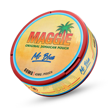 Maggie Mr Blue ultra strong nicotine pouches, 45mg berry flavoured pouch can with original Jamaican design.