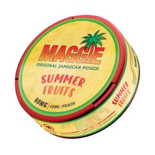 MAGGIE Summer Fruits Nicotine Pouches 45mg, yellow and red can with Jamaican palm tree design.