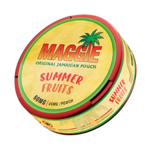 MAGGIE Summer Fruits Nicotine Pouches 45mg, yellow and red can with Jamaican palm tree design.