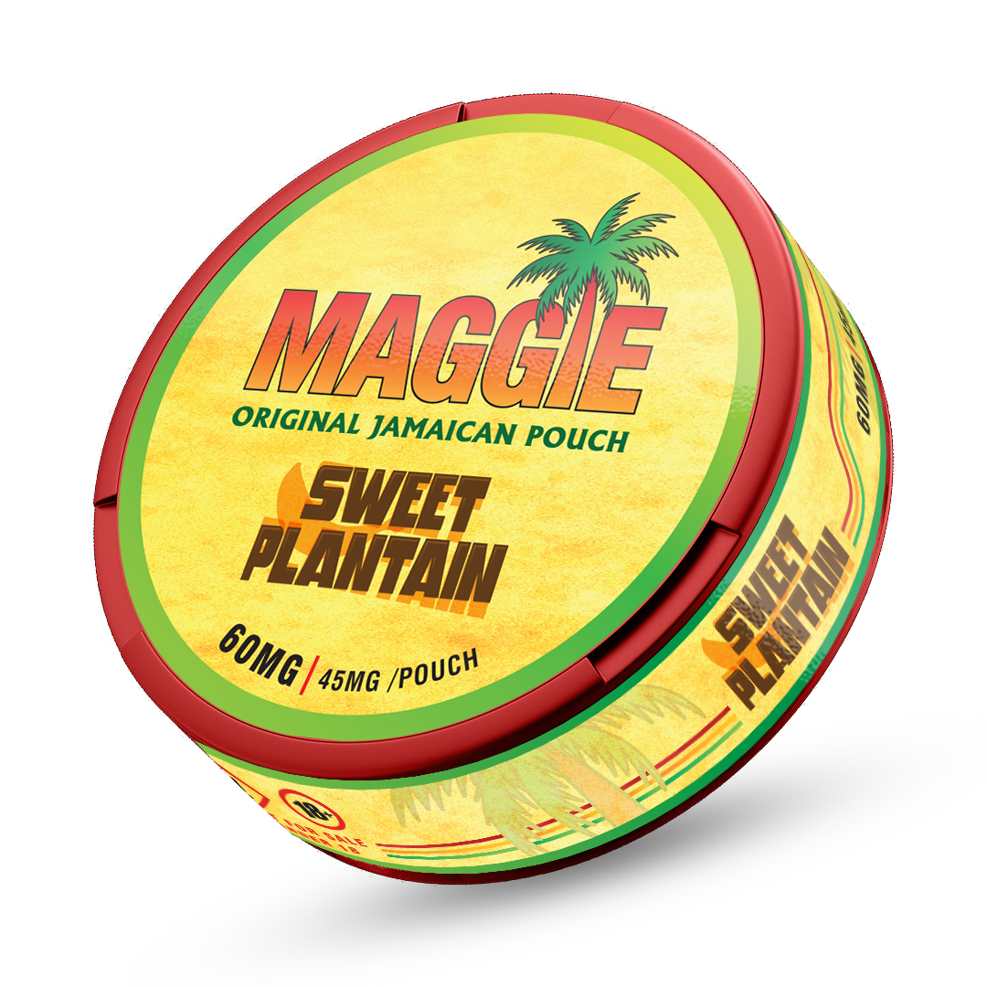 MAGGIE Sweet Plantain 45mg nicotine pouches, plantain flavoured, can with Jamaican palm tree design.