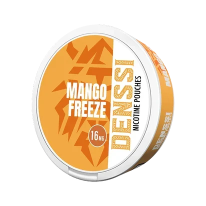Denssi Mango Freeze 16mg Nicotine Pouches tin with orange tropical design and bold branding.