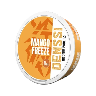 Denssi Mango Freeze 8mg Nicotine Pouches can with orange and white label on a black background.