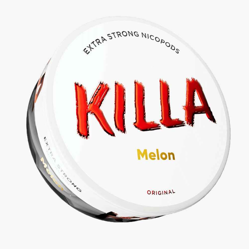 KILLA Melon Extra Strong Nicotine Pouches can with red brand logo and melon flavor text on a white background.