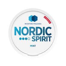 Nordic Spirit Mint Strong Nicotine Pouches white can with blue branding and red Strong label on a white background.
