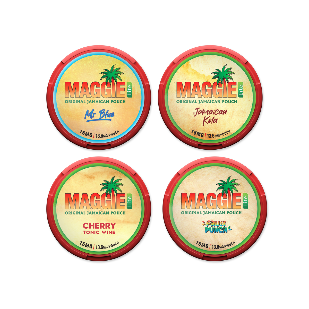 MAGGIE LITE Bundle 13.6mg (16mg/g): Mr Blue, Jamaican Kola, Cherry Tonic Wine and Fruit Punch nicotine pouch cans.