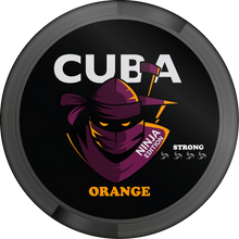 CUBA NINJA Orange Strong nicotine pouch can lid featuring a purple ninja graphic and citrus flavour branding.