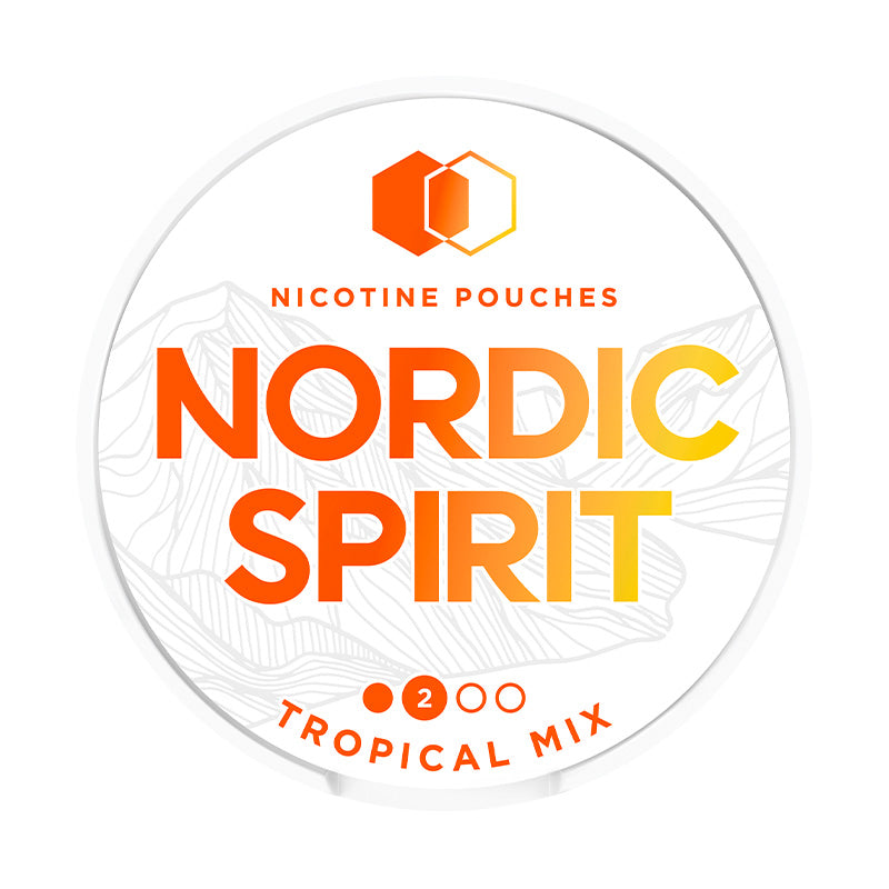 Nordic Spirit Tropical Mix tobacco-free nicotine pouches can with regular strength and tropical fruit flavour branding.