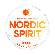 Nordic Spirit Tropical Mix Strong Nicotine Pouches with orange gradient branding and 3-dot strength indicator.