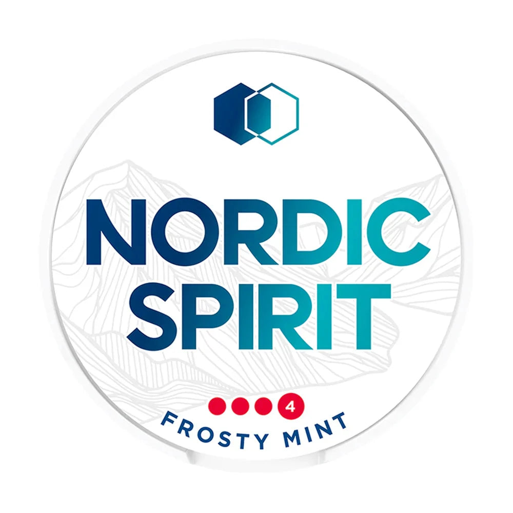 Nordic Spirit Frosty Mint X-Strong Nicotine Pouches white tin featuring blue mountain graphics and strength 4 indicator.