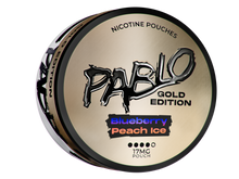 Pablo Gold Edition Blueberry Peach Ice tobacco-free snus, 17mg nicotine pouches in a premium gold and black slim can.