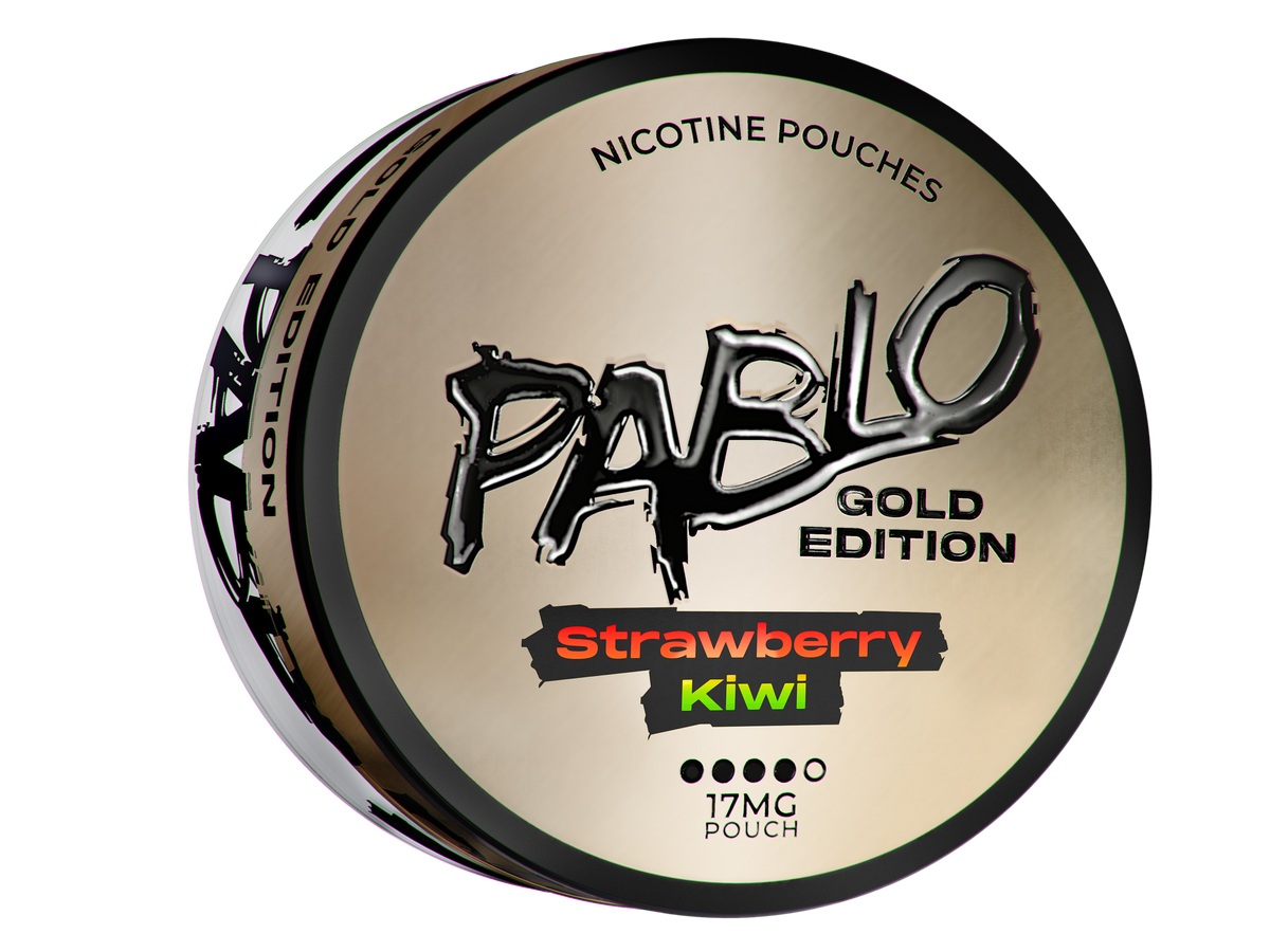 Pablo Gold Edition Strawberry Kiwi Nicotine Pouches can, 17mg slim pouches in premium metallic gold packaging.