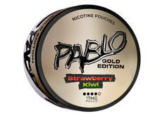 Pablo Gold Edition Strawberry Kiwi Nicotine Pouches can, 17mg slim pouches in premium metallic gold packaging.