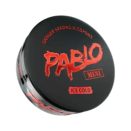 Pablo Mini Ice Cold nicotine pouch can in black and red on a green background, featuring Danger Strong Nicopods branding.