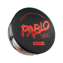 Pablo Mini Ice Cold nicotine pouch can in black and red on a green background, featuring Danger Strong Nicopods branding.