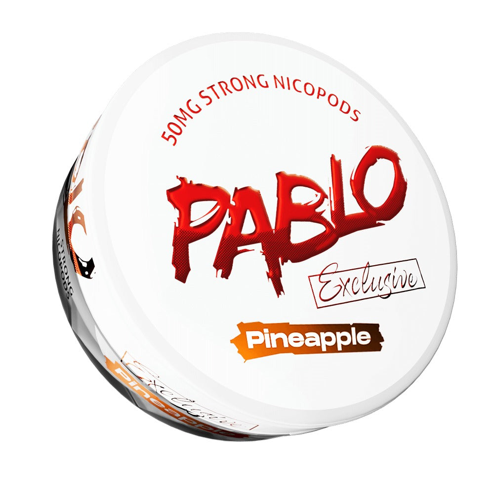 Pablo Exclusive Pineapple Nicotine Pouches, 50mg extra strong nicopods on a white background.