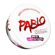 Pablo Exclusive Pink Lemonade Nicotine Pouches, 50mg Strong Nicopods in a white circular tub with red branding.
