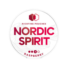 Nordic Spirit Raspberry Strong nicotine pouches can featuring a white design with red branding and mountain graphics.