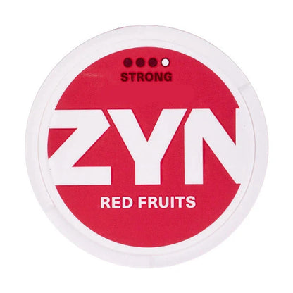 ZYN Red Fruits 9mg Slim Nicotine Pouches can with berry-red label and strong nicotine strength indicator dots.