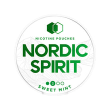 Nordic Spirit Sweet Mint Regular Nicotine Pouches can showing tobacco-free, 2-dot strength rating and mountain design.