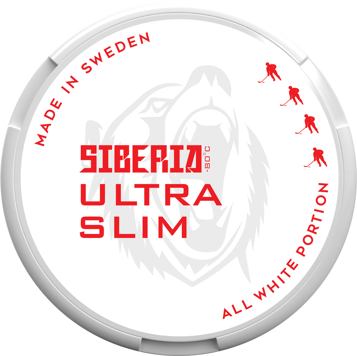 SIBERIA Ultra Slim All White 16.5MG nicotine pouches can with ice hockey branding and a bear logo