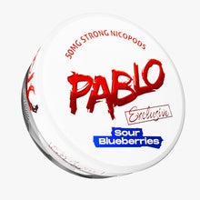 Pablo Exclusive Sour Blueberries 50mg Strong Nicotine Pouches, white can with red and blue branding.