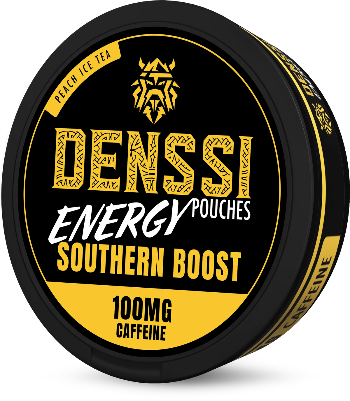 DENSSI Southern Boost 100mg Caffeine Pouches in Peach Ice Tea flavour, black and yellow round can.
