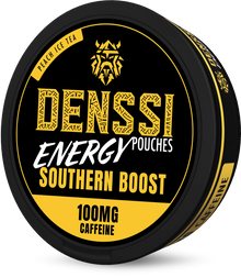DENSSI Southern Boost 100mg Caffeine Pouches in Peach Ice Tea flavour, black and yellow round can.