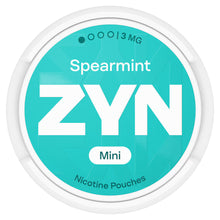 ZYN Spearmint Mini 3MG Nicotine Pouches can with turquoise label, white logo, and low strength indicator.