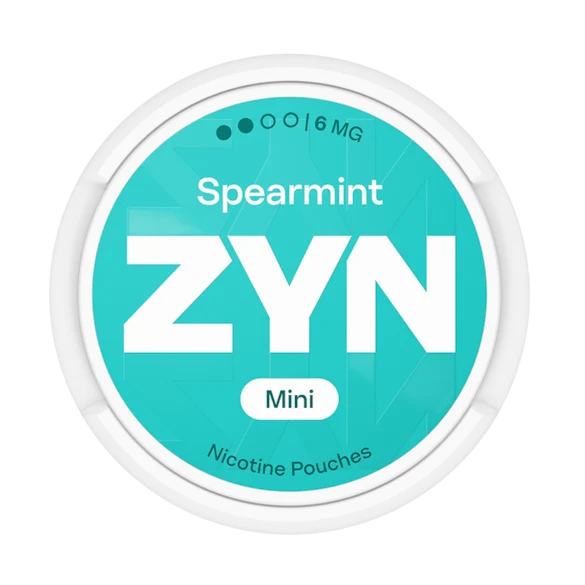 ZYN Spearmint Mini tobacco-free nicotine pouches (6mg), showing turquoise can lid with medium strength indicator.